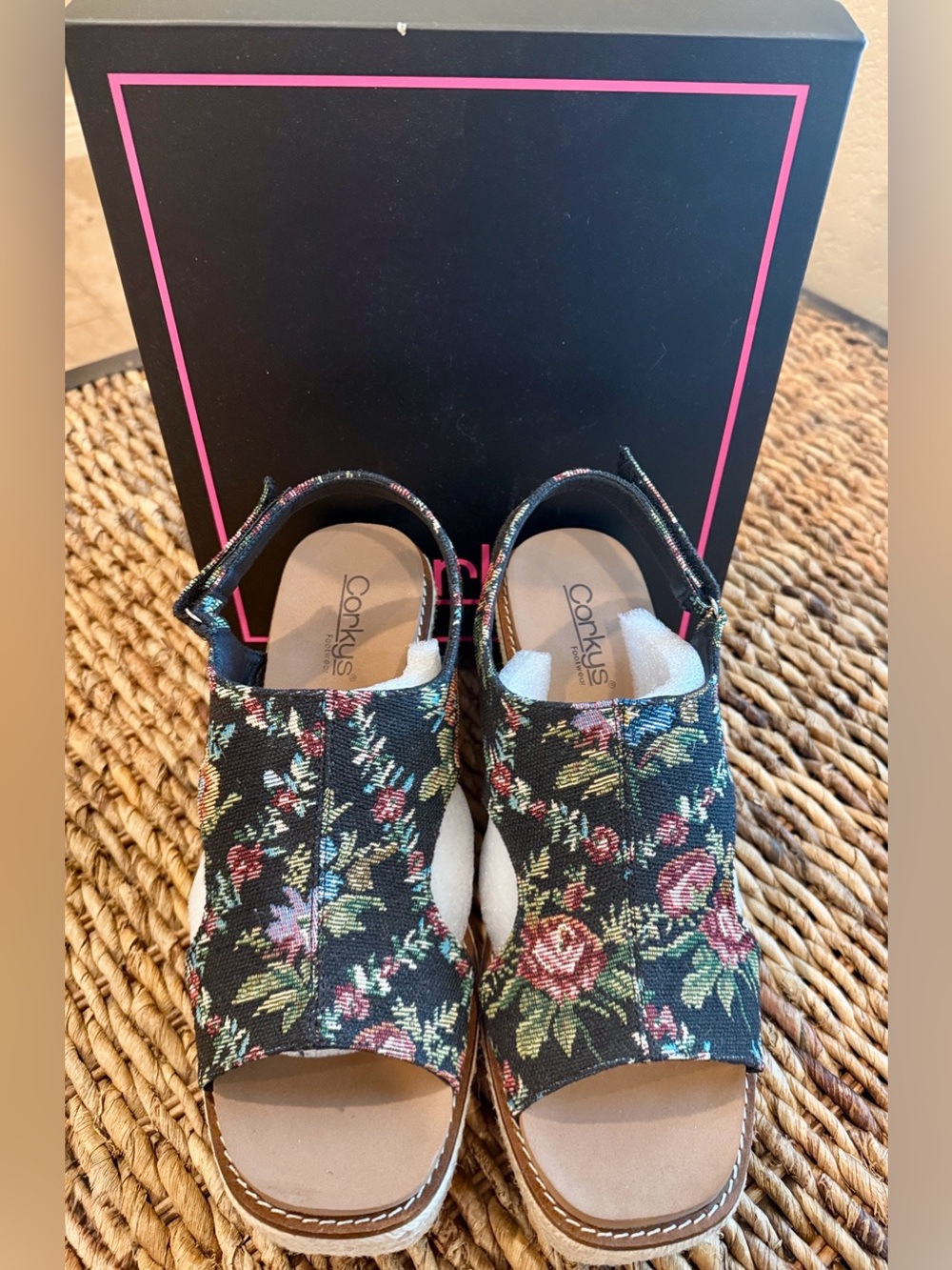 Corkys Black Floral Wedge Slingback Sandals